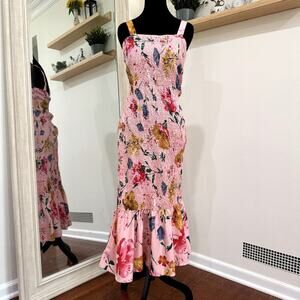 Beautiful Pink Floral Ruched Midi Dress Women's Size Medium